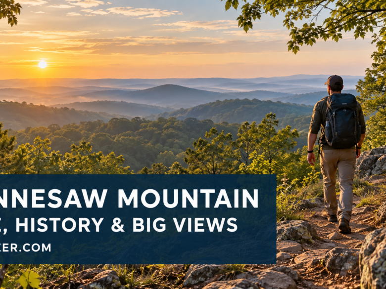 Conceptual illustration of a hiker on a wooded Georgia ridge with the headline Kennesaw Mountain Hike History and Big Views