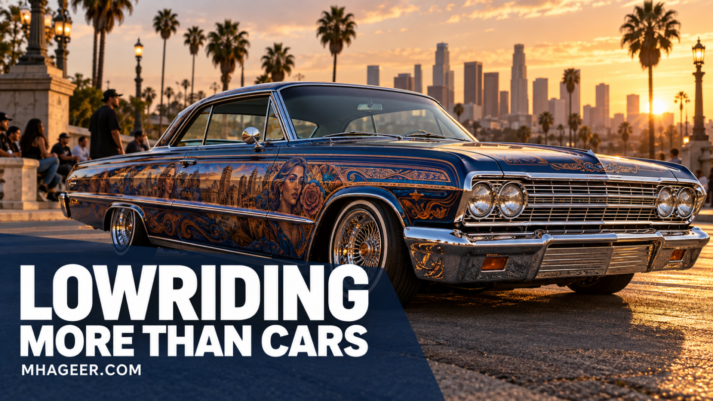 Conceptual lowrider-style classic car at sunset with the headline Lowriding More Than Cars