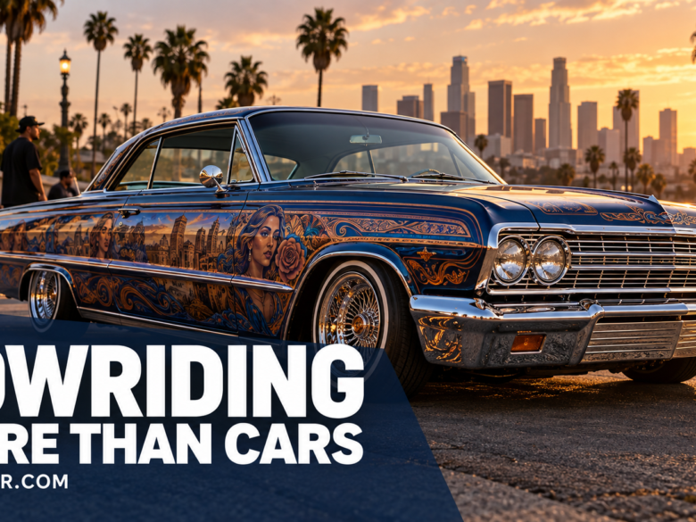 Conceptual lowrider-style classic car at sunset with the headline Lowriding More Than Cars