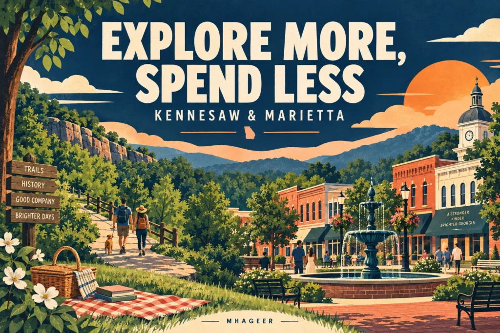Illustrated Kennesaw and Marietta guide cover with the words Explore More, Spend Less