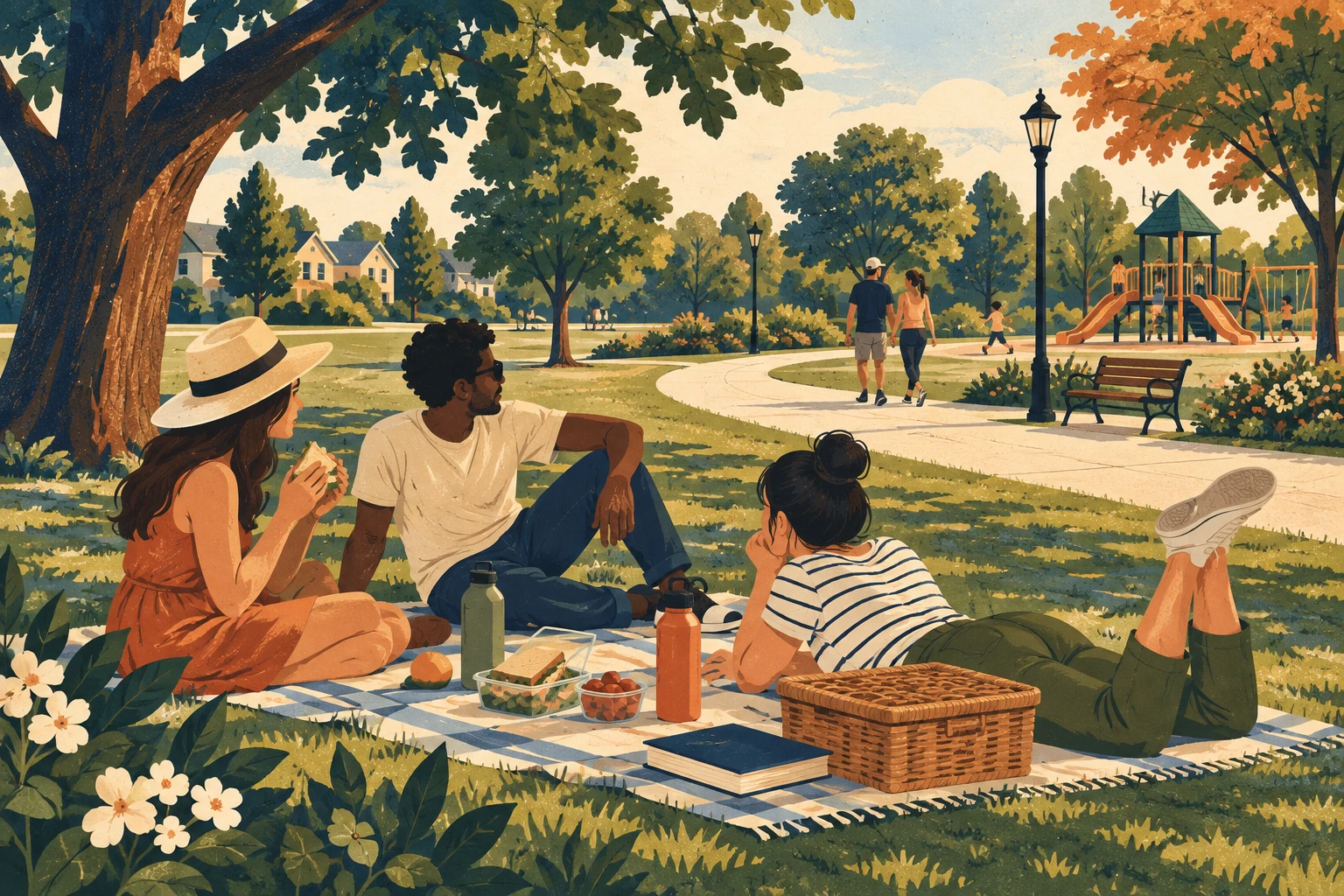 Conceptual illustration of friends enjoying a packed picnic beside a leafy park path