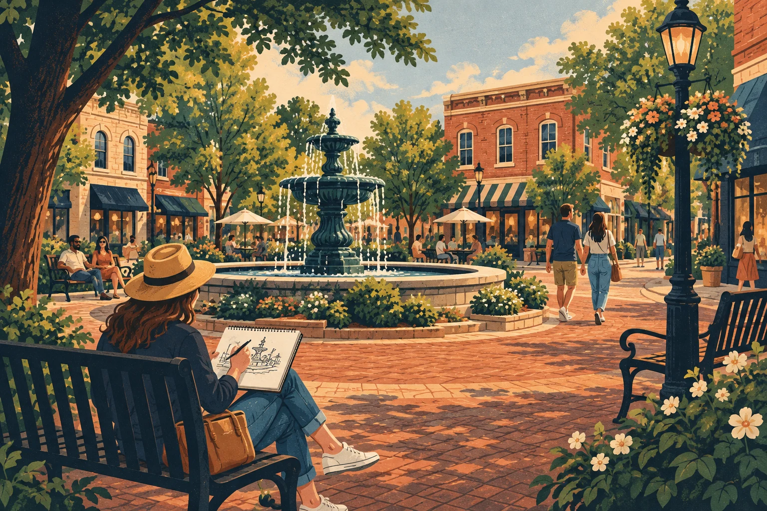 Conceptual illustration of people strolling beside a fountain and brick storefronts in a town square