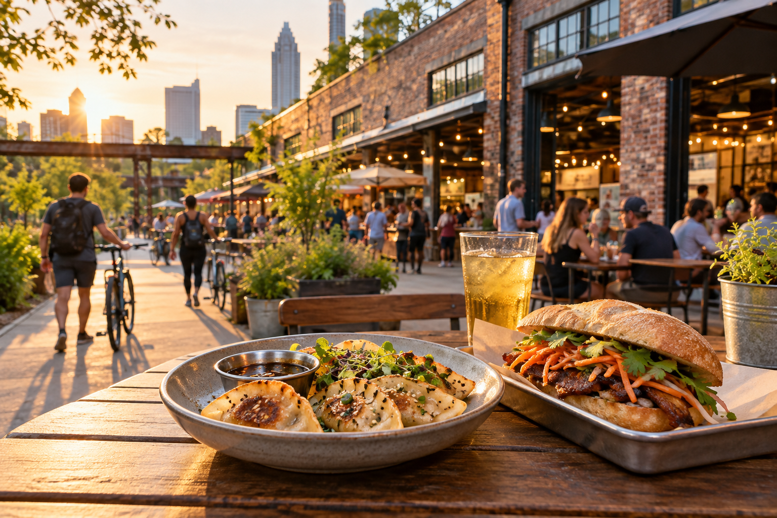 AI-generated editorial illustration of an outdoor neighborhood food market near an urban trail.