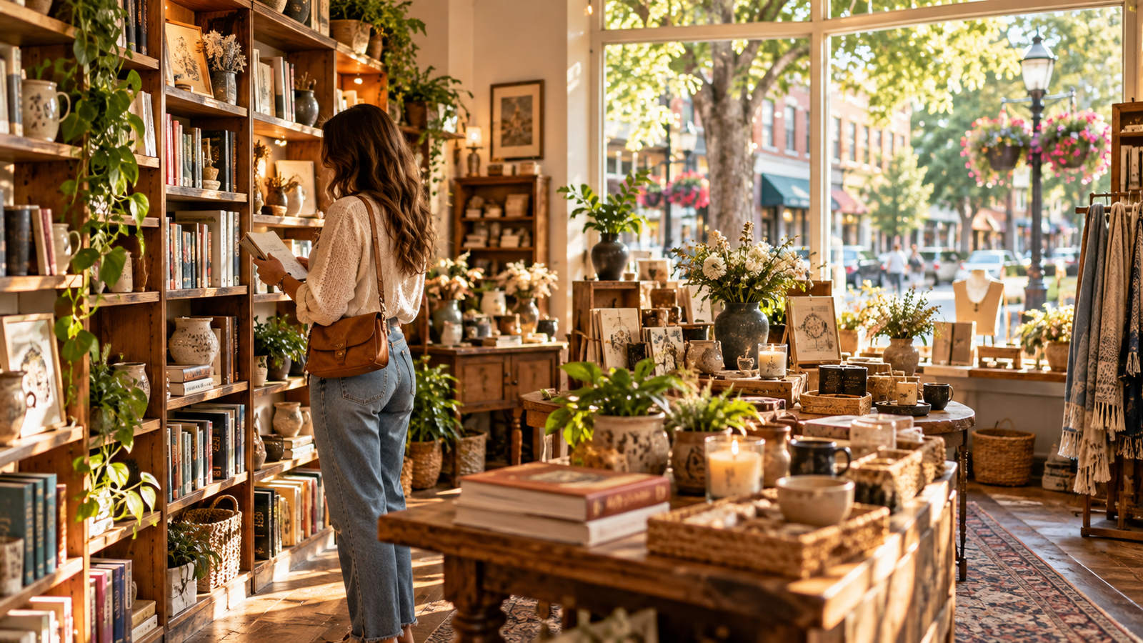 Conceptual illustration of a visitor browsing books and locally made gifts in an independent shop