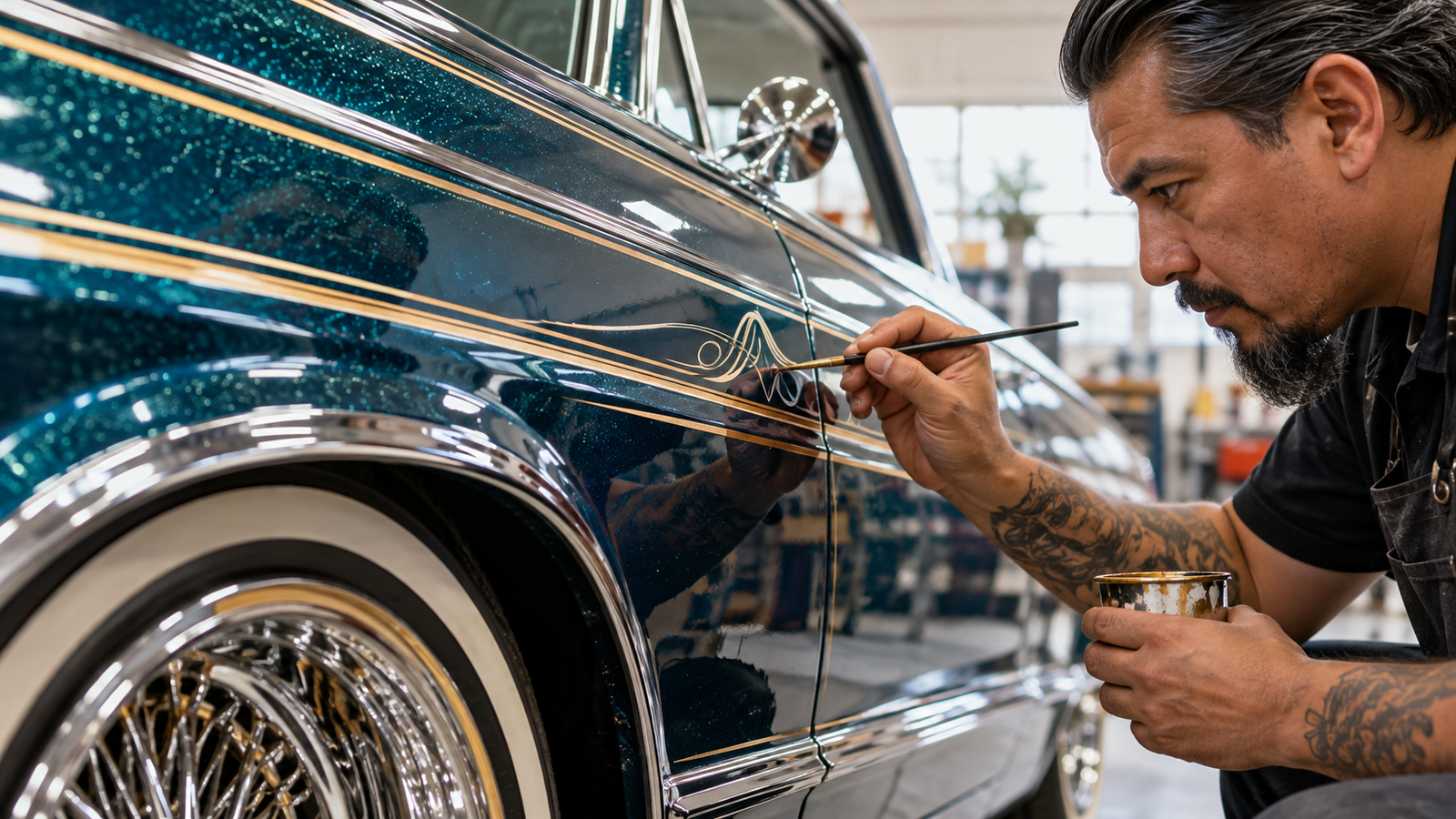 Conceptual illustration of a craftsperson hand-painting pinstripe details on a customized classic car