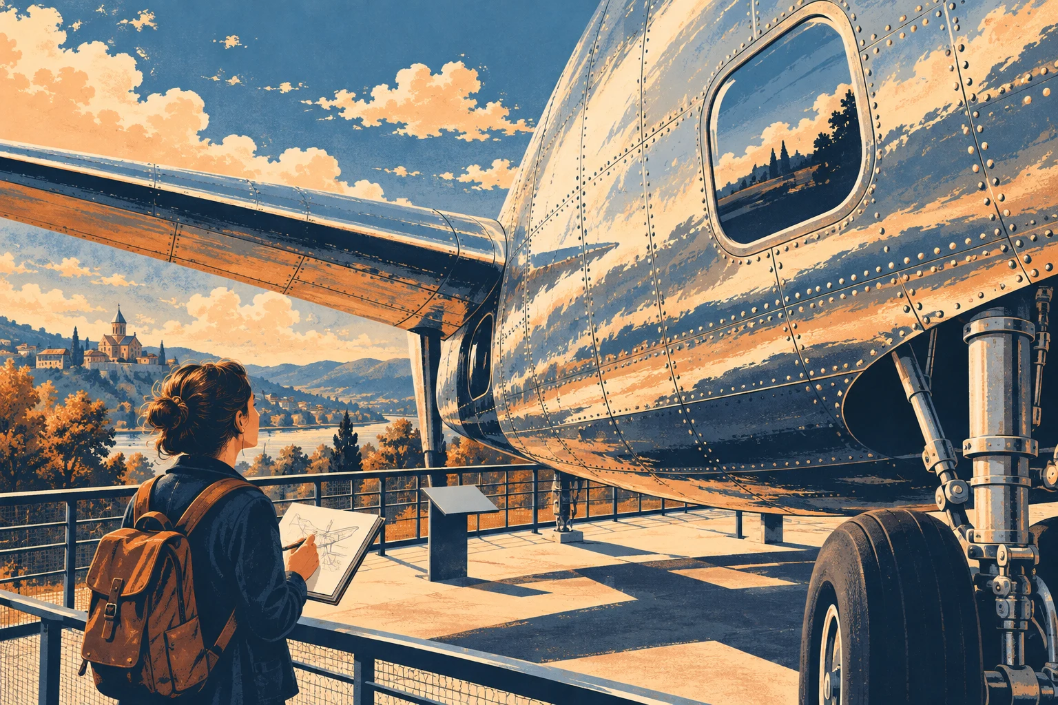 Conceptual illustration of a visitor sketching aircraft rivets, a window, and landing gear