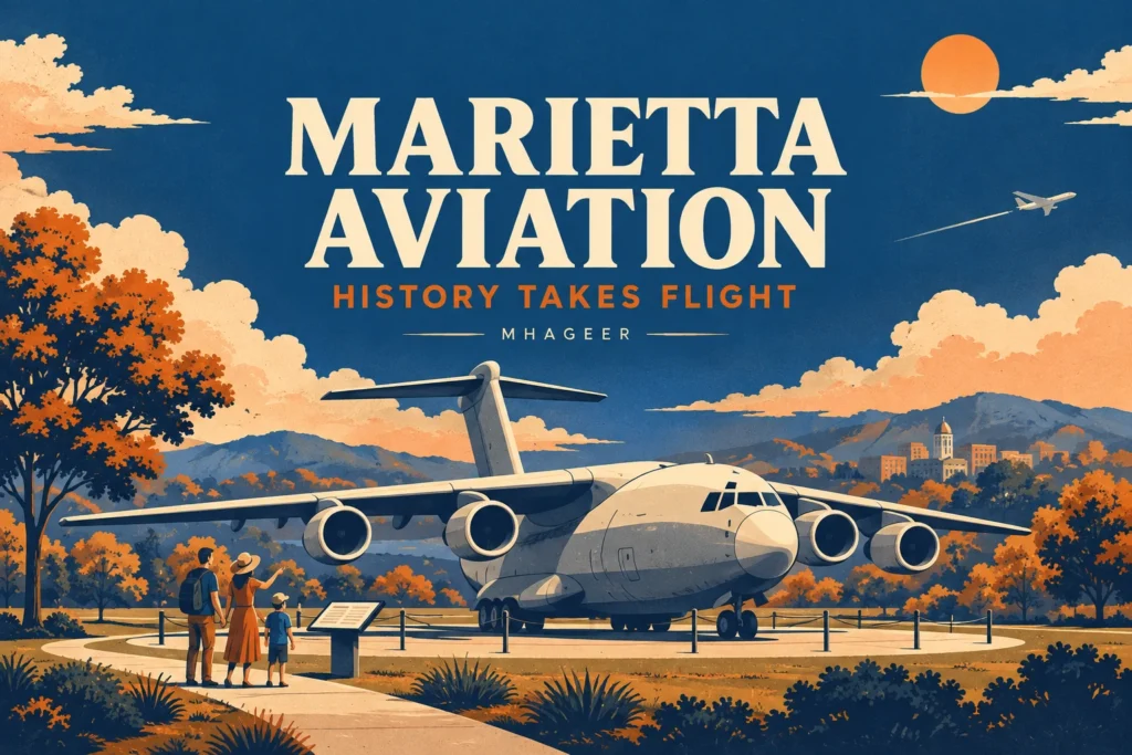 Illustrated Marietta Aviation cover with a transport aircraft and the words History Takes Flight