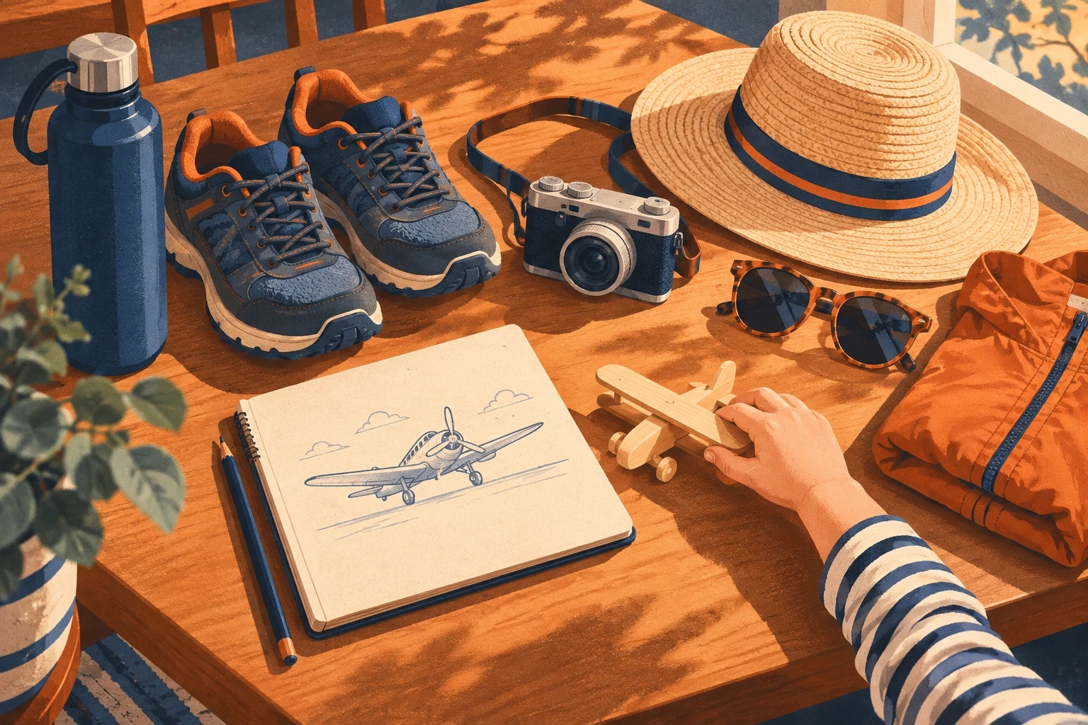 Illustrated packing essentials including a water bottle, walking shoes, hat, camera, and toy airplane