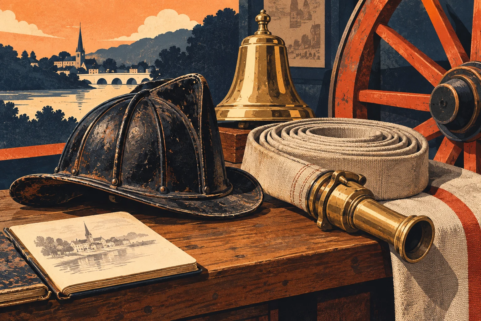 Conceptual illustration of an antique firefighter helmet, coiled hose, brass nozzle, and bell
