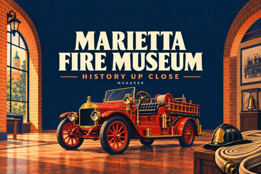 Illustrated Marietta Fire Museum cover with a centered title, History Up Close subtitle, and antique fire engine