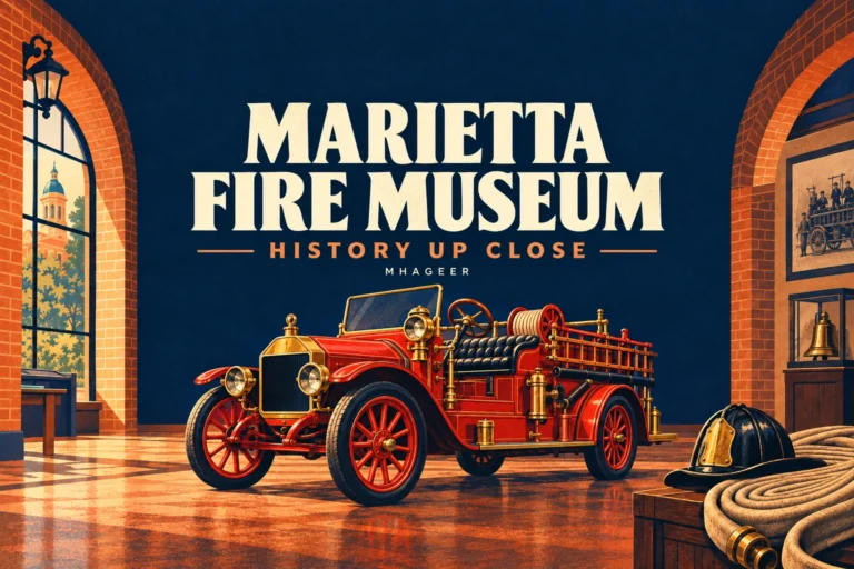 Illustrated Marietta Fire Museum cover with a centered title, History Up Close subtitle, and antique fire engine