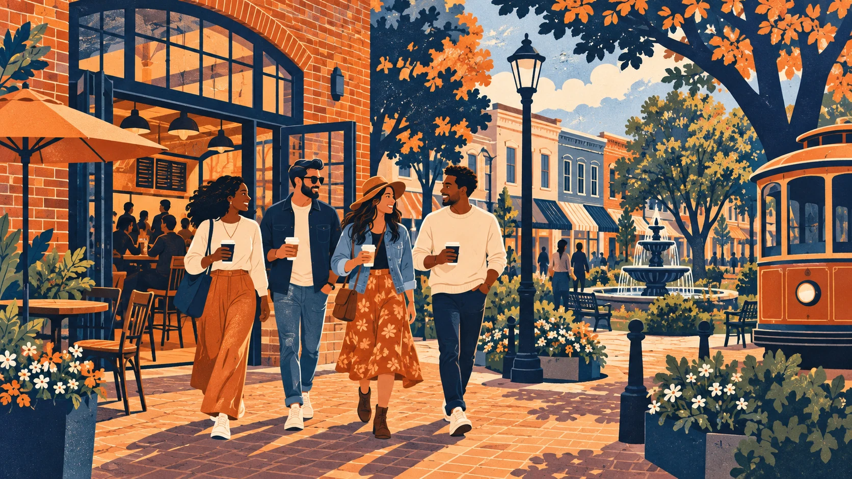 Conceptual illustration of friends enjoying a food hall visit and a downtown stroll