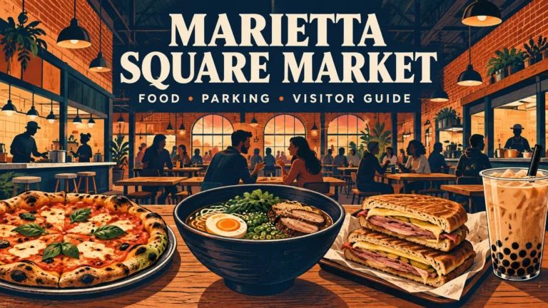 Illustrated Marietta Square Market visitor guide cover with food hall, pizza, ramen, sandwich, and bubble tea