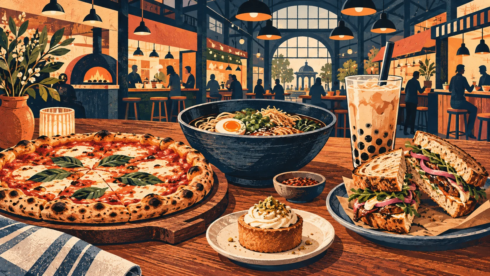 Conceptual illustration of pizza, ramen, a sandwich, dessert, and bubble tea on a food hall table