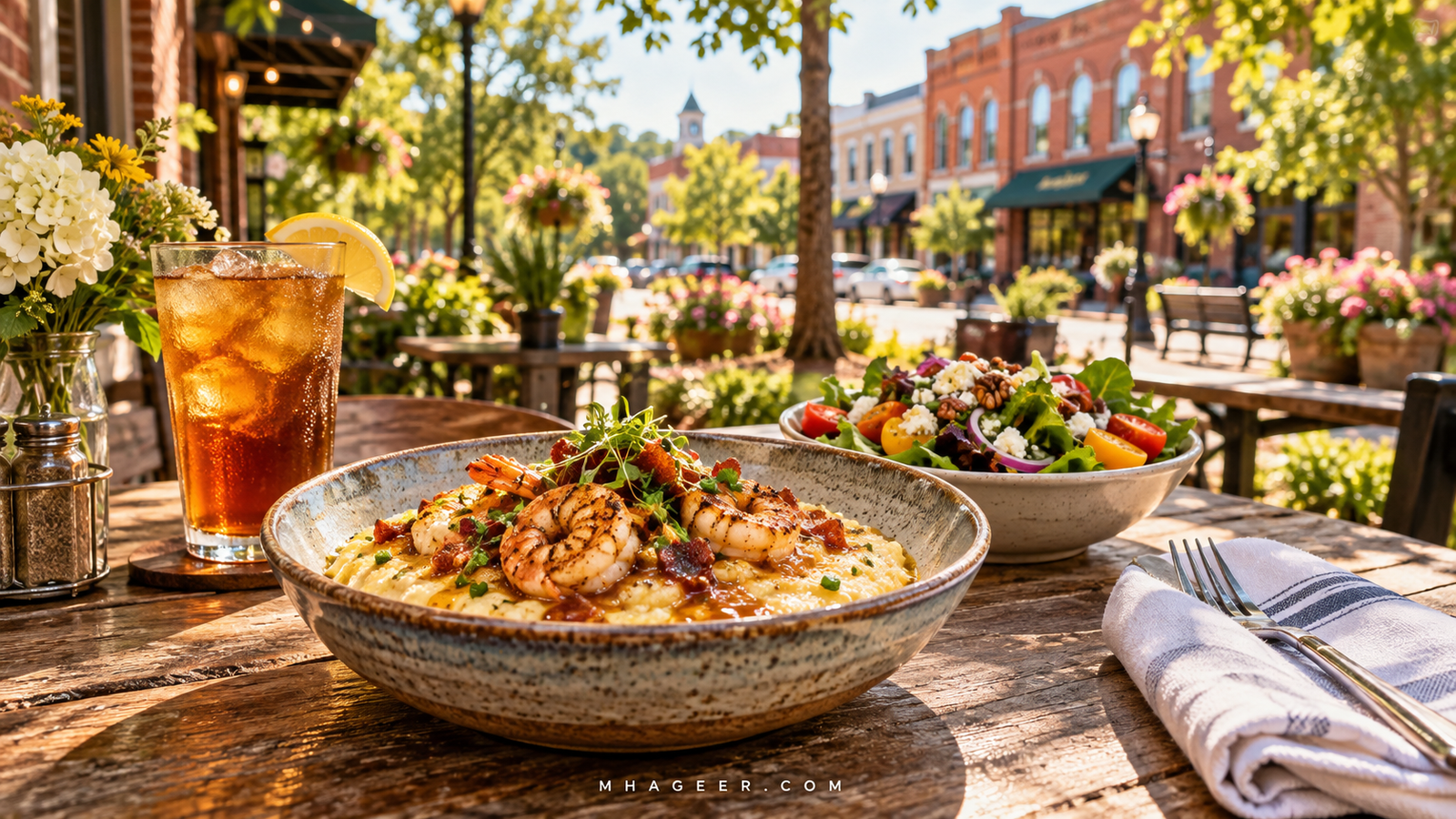 Illustrated shrimp and grits, salad, and iced tea on a cafe table overlooking a brick-lined street