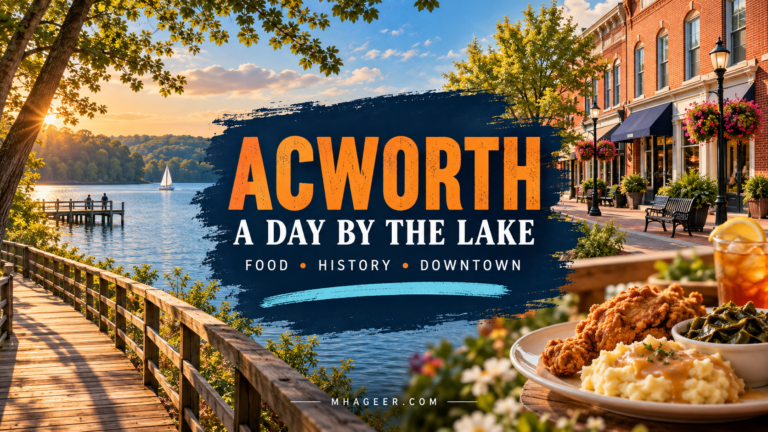 Acworth day trip cover with orange lettering over an illustrated lake, downtown street, and Southern meal