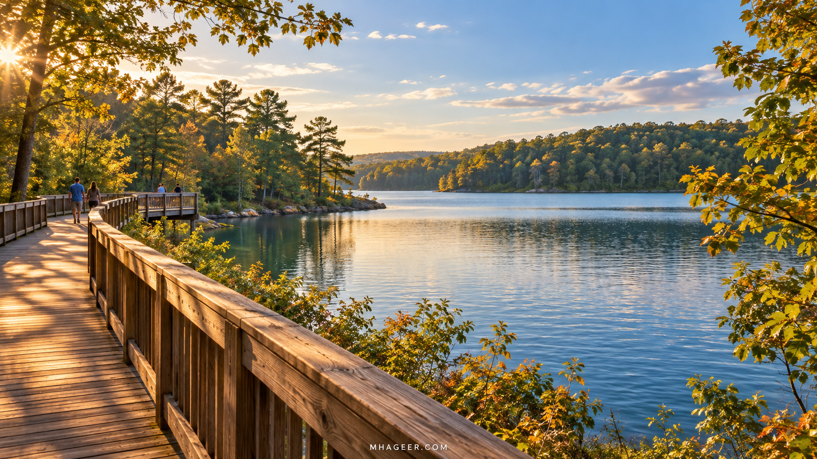 Acworth day trip illustration of a wooden boardwalk beside a calm lake and wooded shoreline