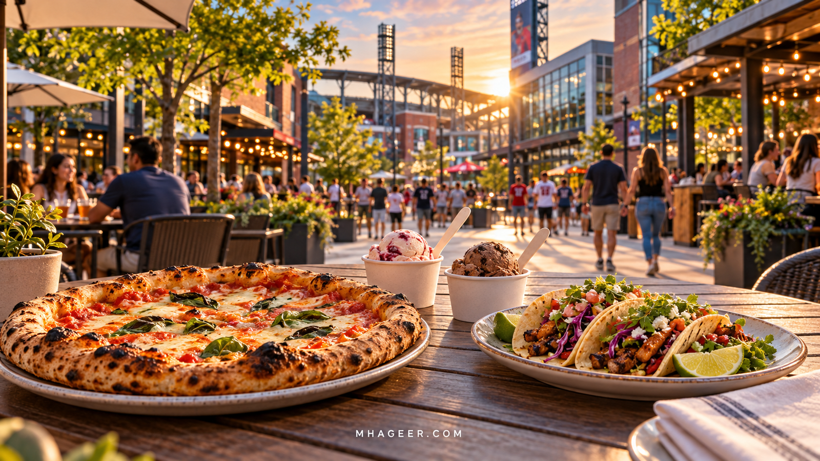 Illustrated pizza, tacos, and ice cream on a patio table in a baseball entertainment district