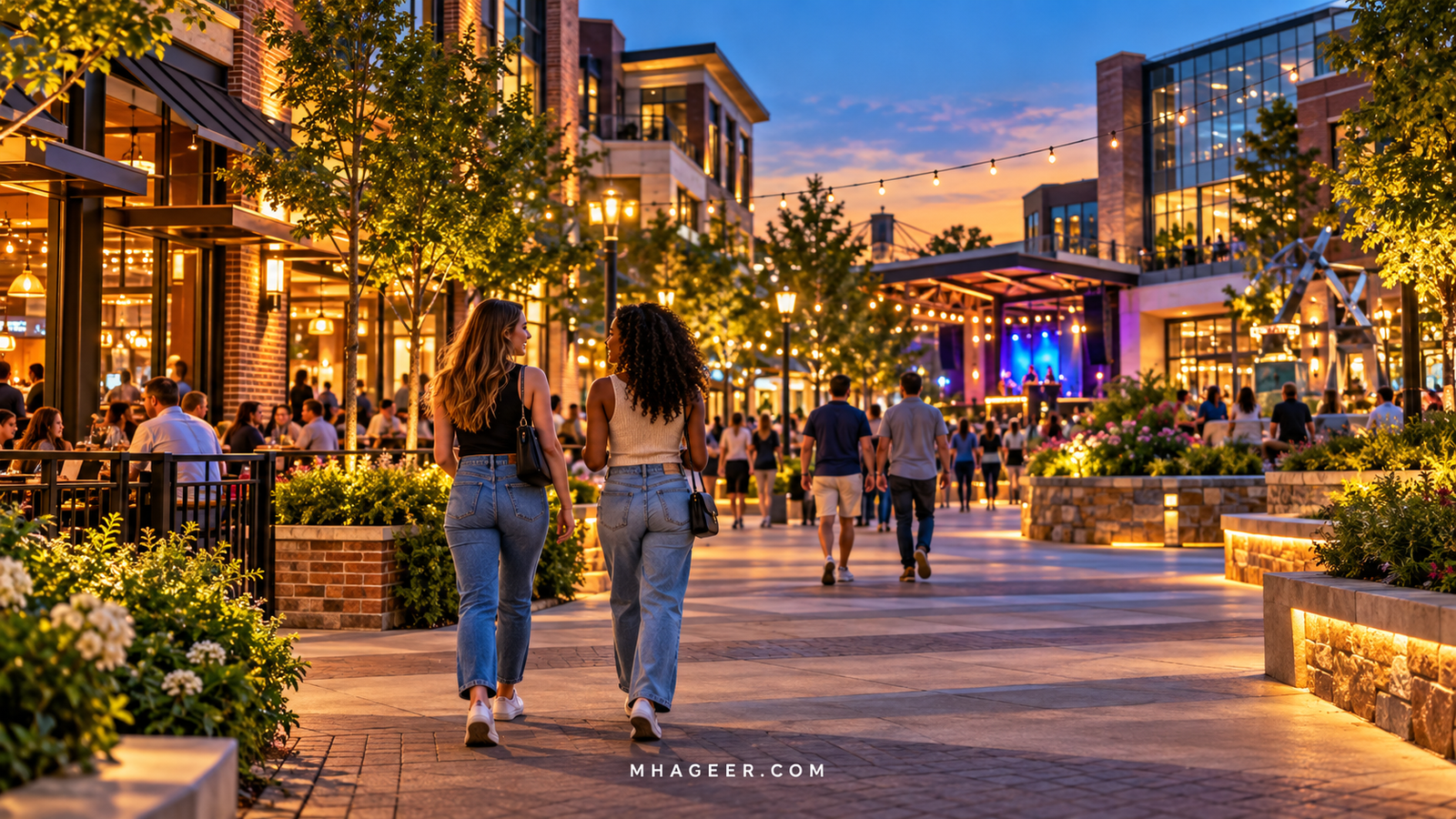 Illustrated friends exploring a restaurant and entertainment district at blue hour
