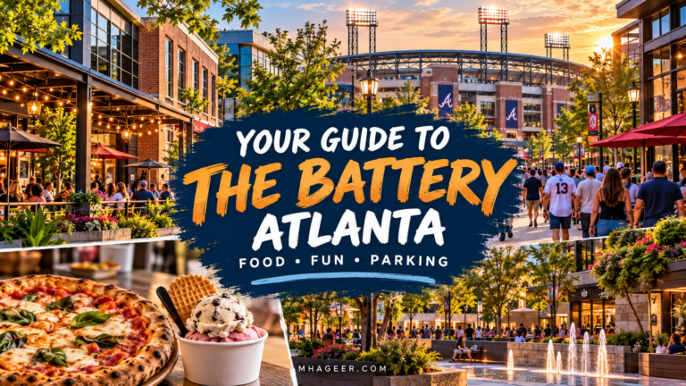 The Battery Atlanta guide illustration with bold orange lettering, a baseball entertainment district, pizza, and ice cream
