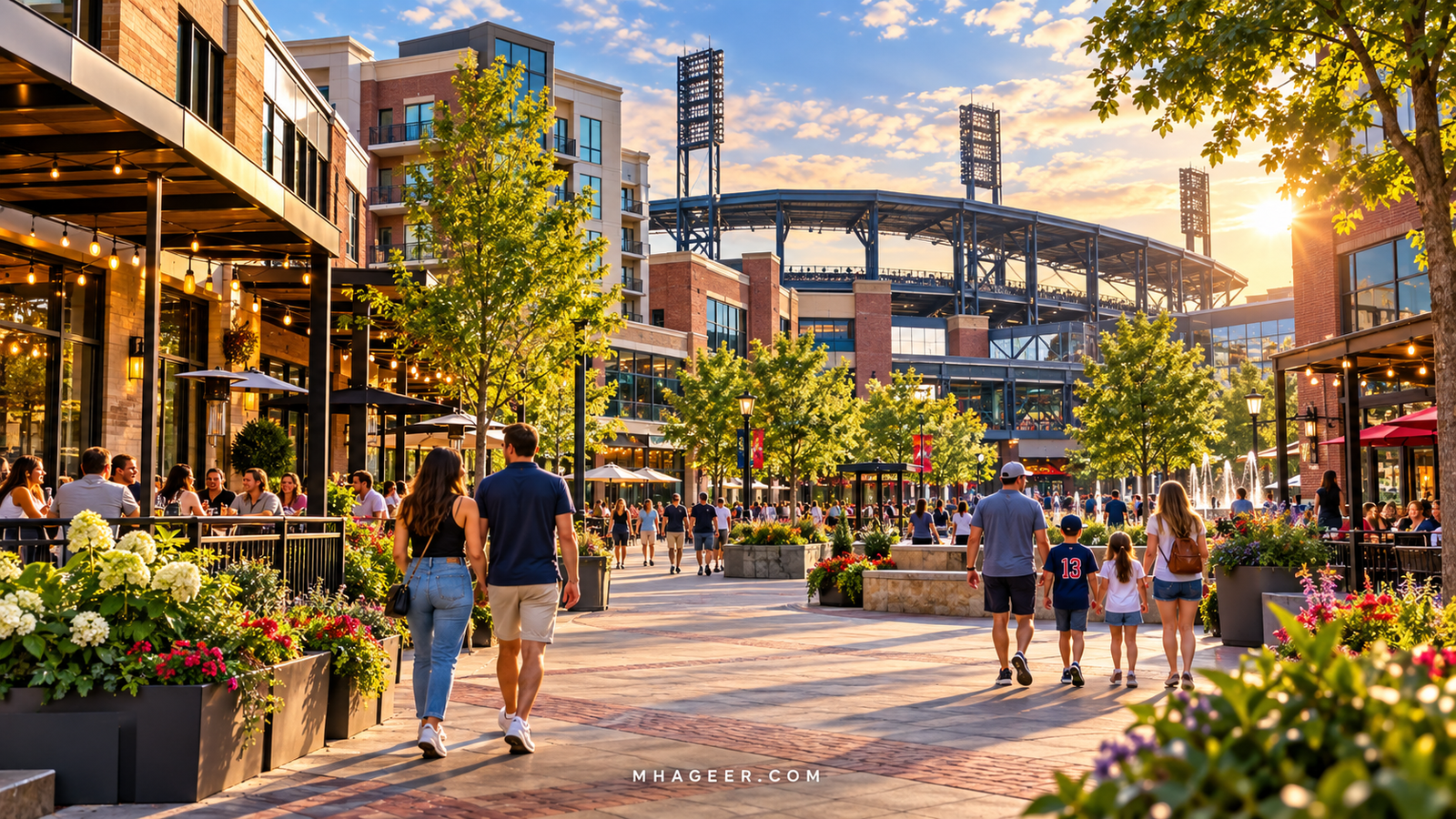 Illustrated visitors strolling through a ballpark-inspired pedestrian plaza beside restaurant patios