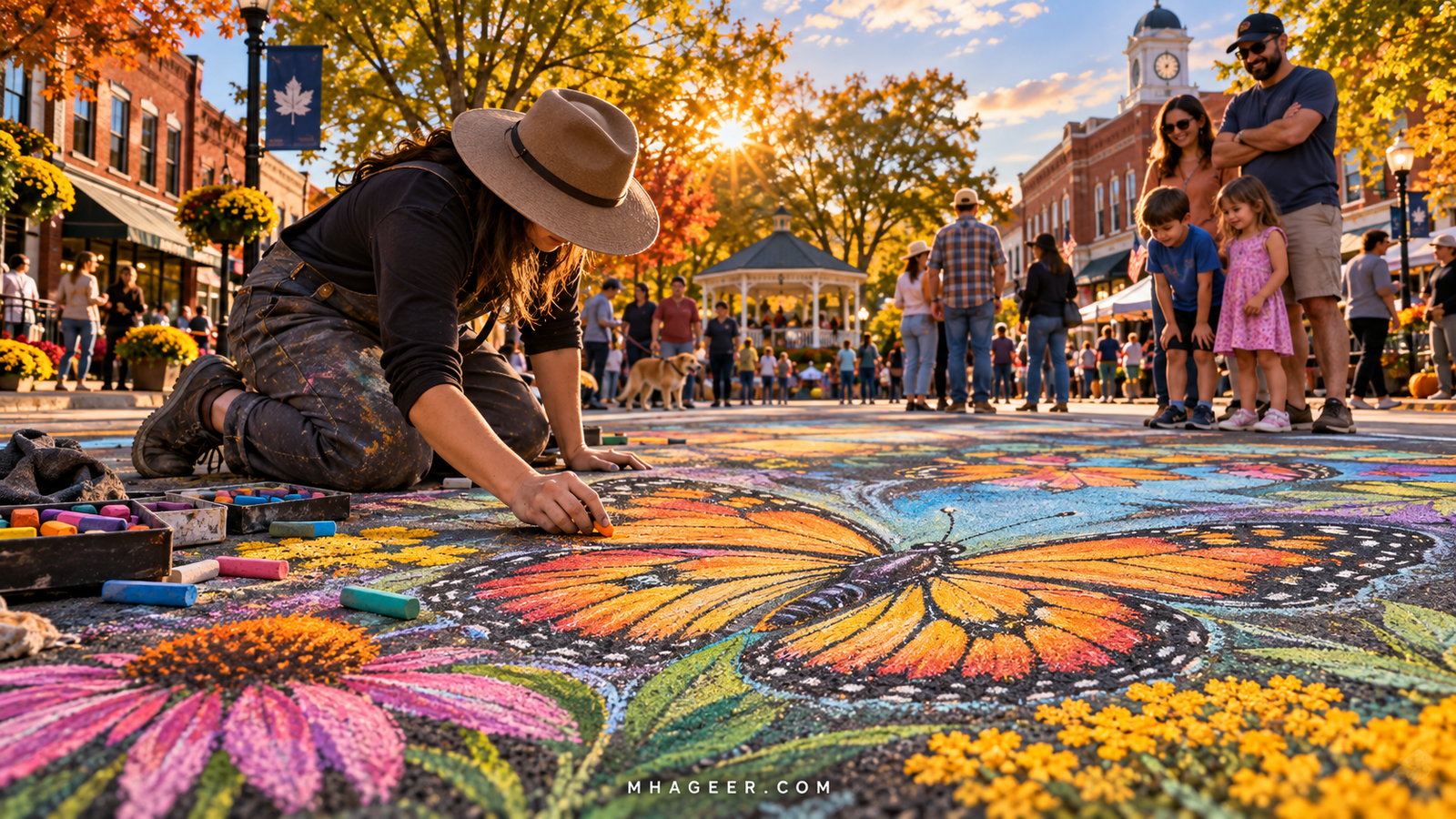 Imagined chalk artist shading an original butterfly drawing on pavement beside colorful chalk sticks