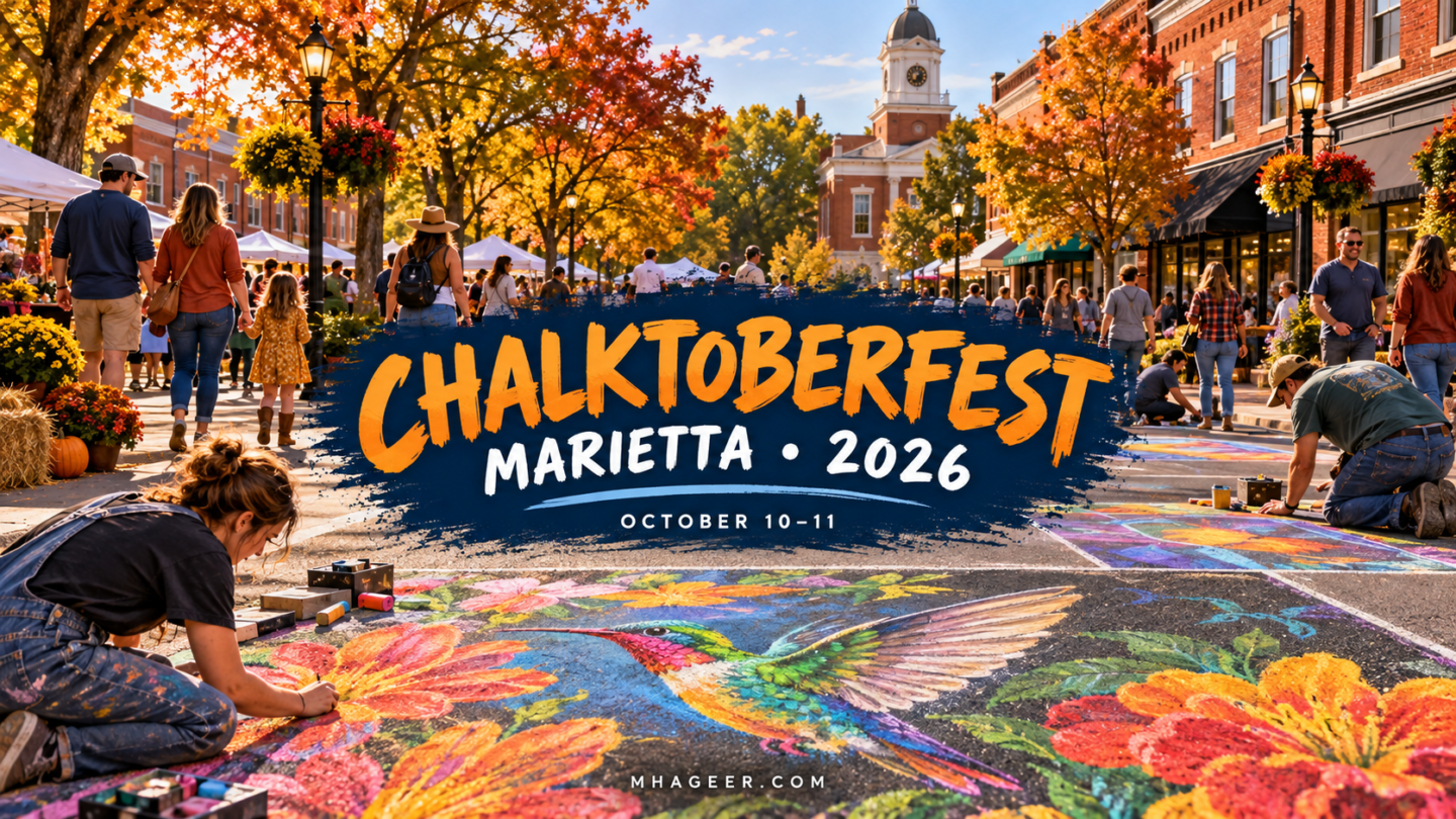 Chalktoberfest Marietta 2026 cover with October 10–11 dates and an imagined colorful chalk-art festival
