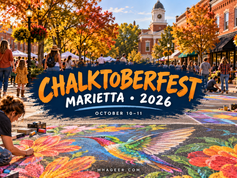 Chalktoberfest Marietta 2026 cover with October 10–11 dates and an imagined colorful chalk-art festival