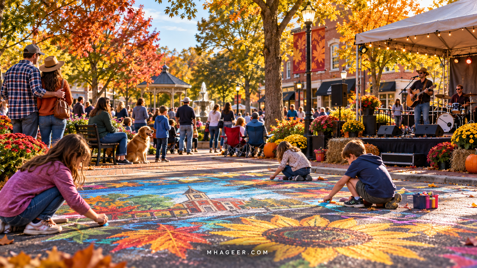 Imagined outdoor band performing for families beside a leafy Southern town square