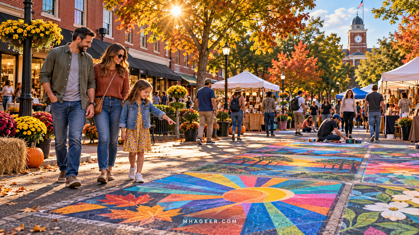 Imagined family walking beside colorful geometric chalk art and downtown festival stalls