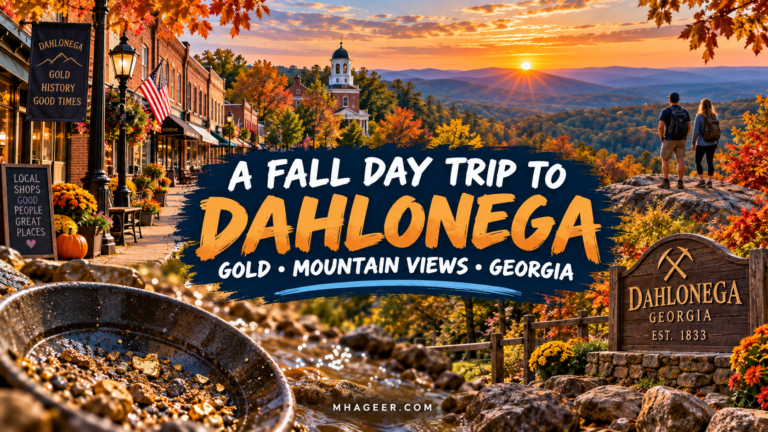 Illustrated fall day trip to Dahlonega cover with autumn storefronts, mountain views, gold panning, and bold orange title lettering