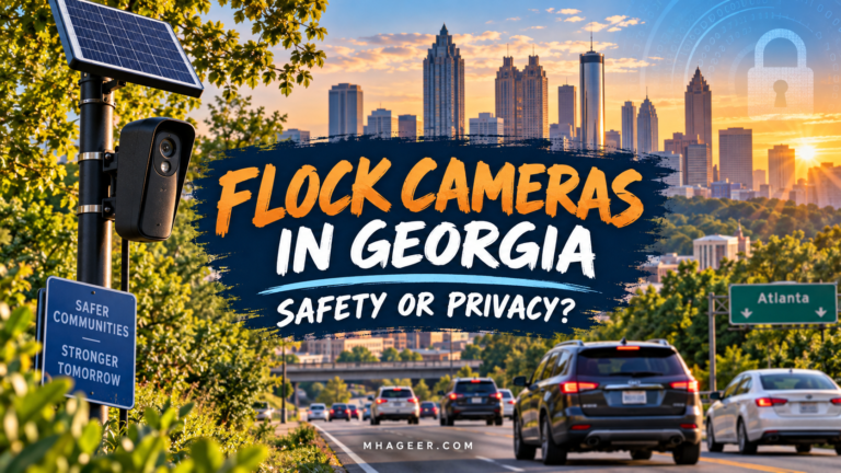 Illustrated Flock Cameras in Georgia cover with a roadside camera, traffic, an Atlanta-inspired skyline, and the question Safety or Privacy?