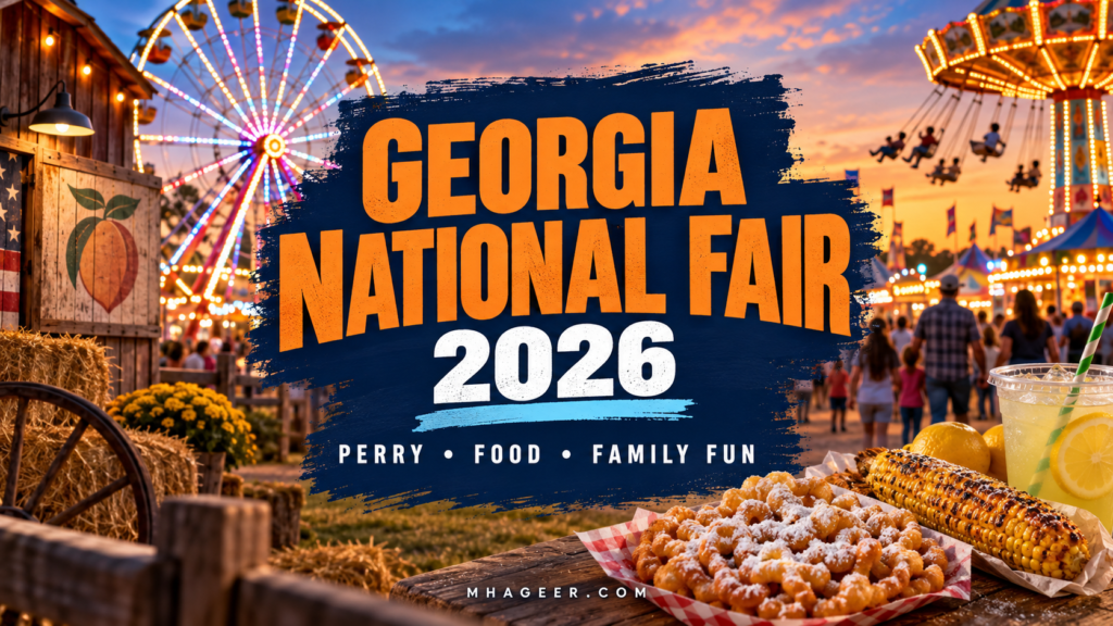Georgia National Fair 2026 guide cover with orange lettering, an illustrated Ferris wheel, funnel cake, corn, and lemonade