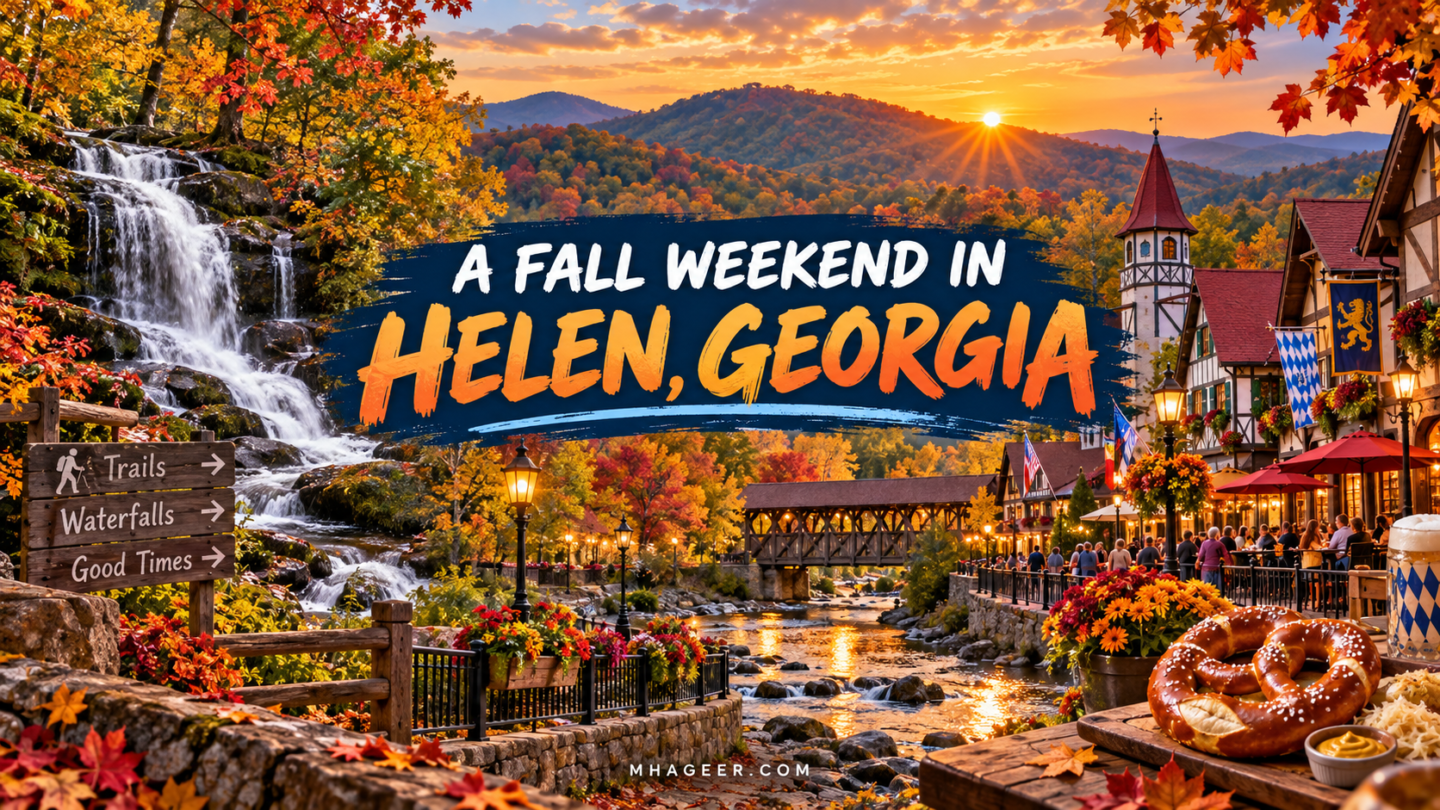 Illustrated Helen Georgia fall weekend cover combining Bavarian-style buildings, wooded hills, a waterfall, and a pretzel