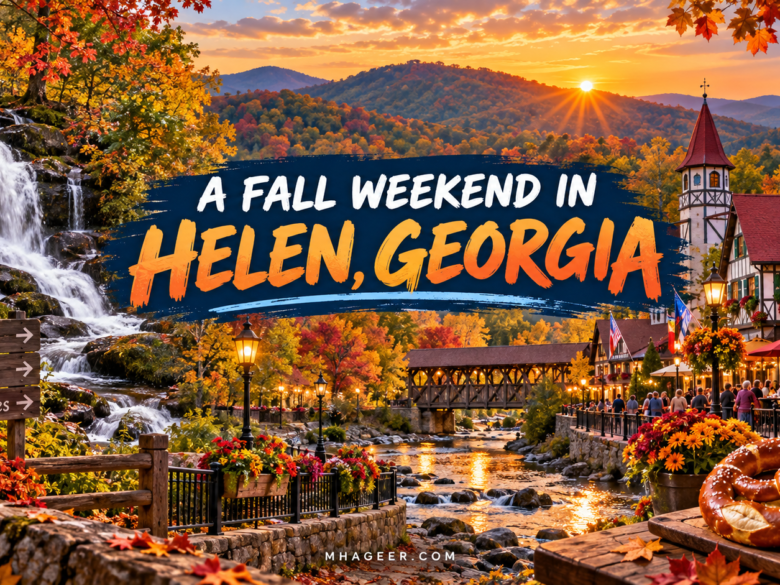 Illustrated Helen Georgia fall weekend cover combining Bavarian-style buildings, wooded hills, a waterfall, and a pretzel