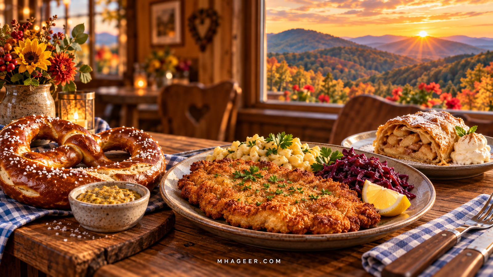 AI-generated illustration of a soft pretzel, schnitzel, spaetzle, red cabbage, and apple strudel