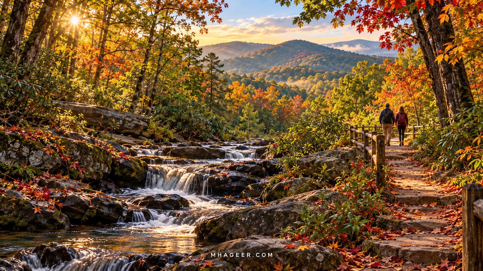 AI-generated illustration of two walkers on an autumn woodland path beside a rocky creek