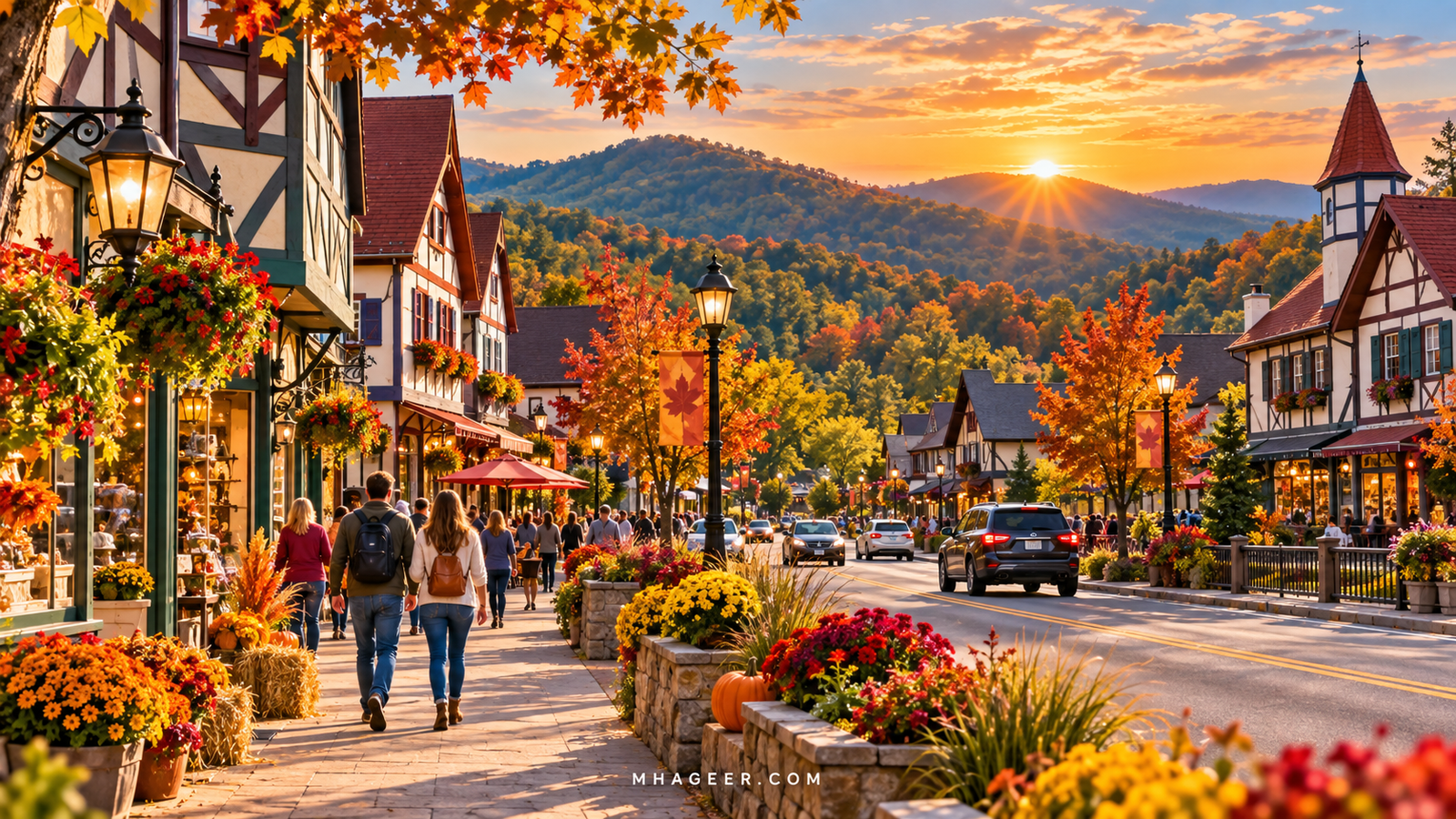AI-generated autumn streetscape with Bavarian-inspired buildings, visitors, and wooded North Georgia hills