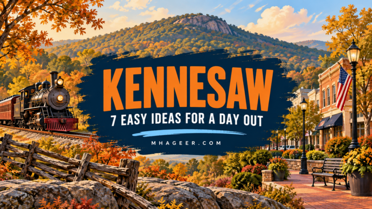 Mhageer Kennesaw day-out guide cover with orange lettering, an illustrated mountain, train, and downtown scene