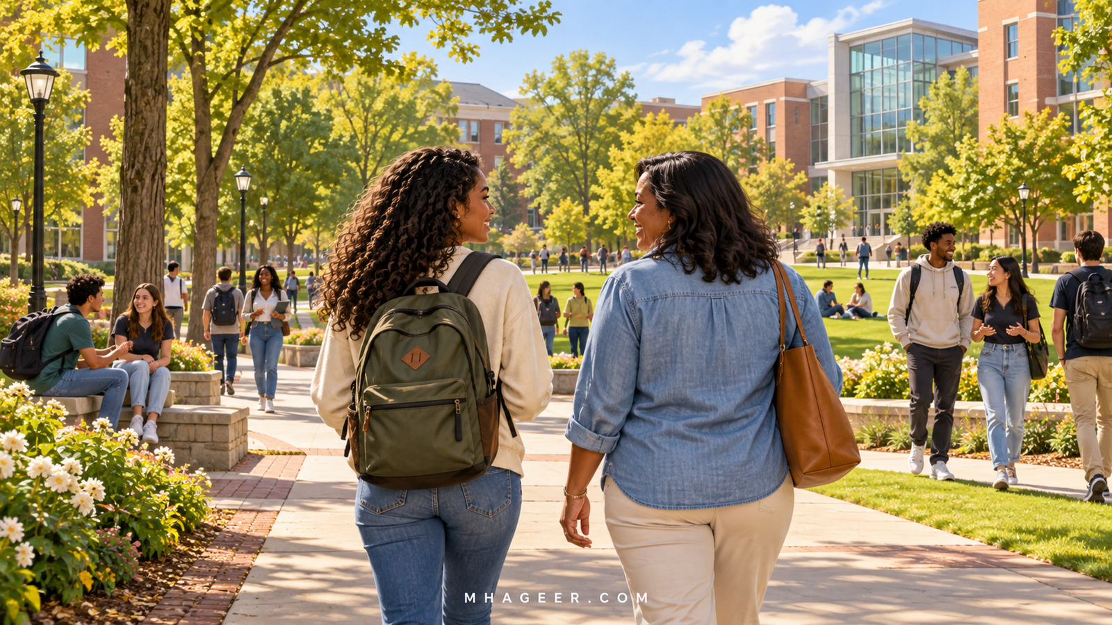 Illustrated prospective student and parent walking through a leafy university quad