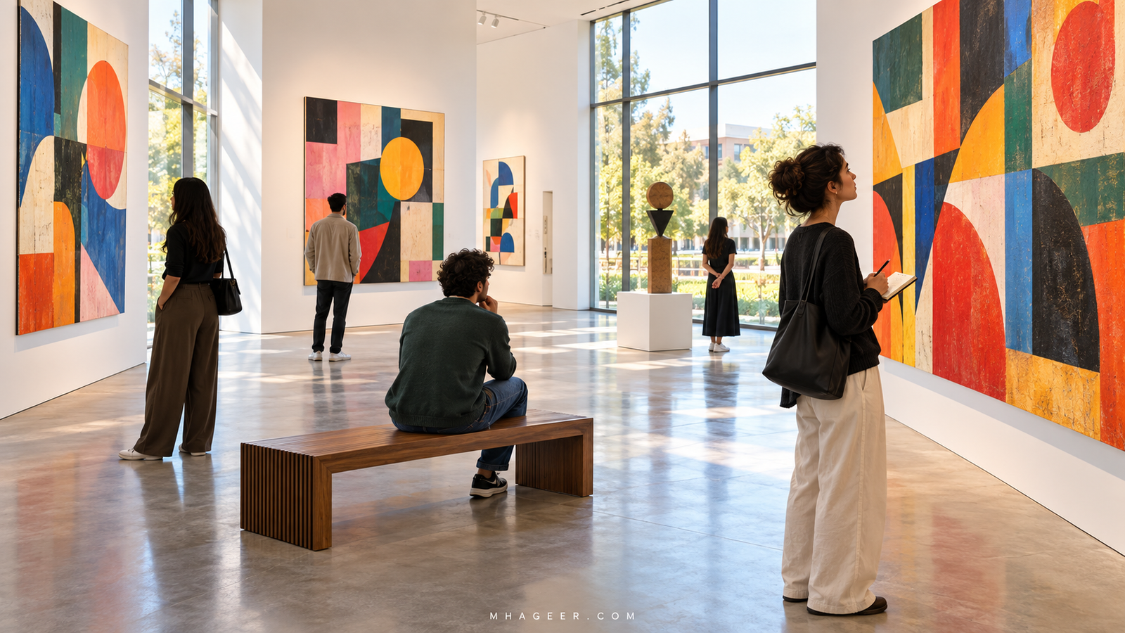 Illustrated visitors viewing colorful geometric paintings in a bright university art gallery