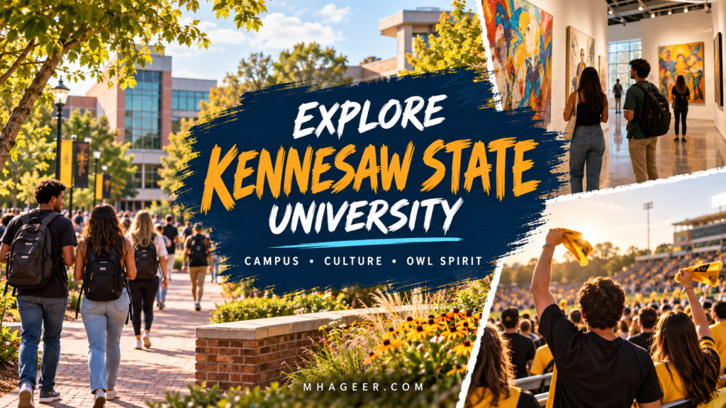 Kennesaw State University guide cover with orange and white lettering over a conceptual collage of campus life, art, and sports