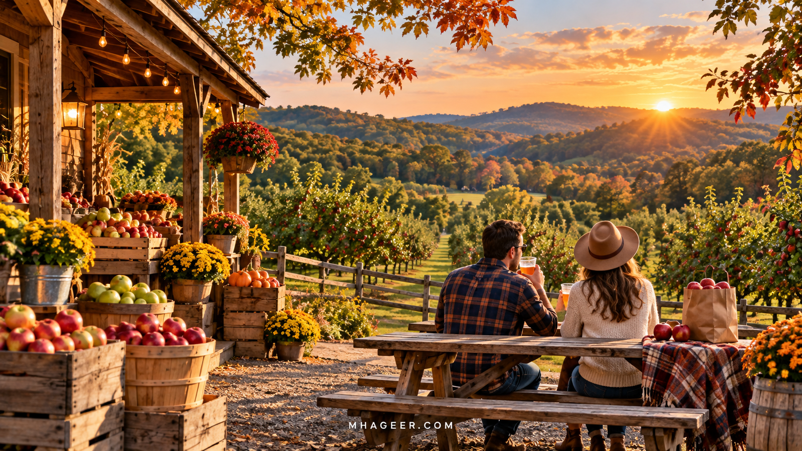 AI-generated illustration of a couple relaxing beside a farm market overlooking an apple orchard