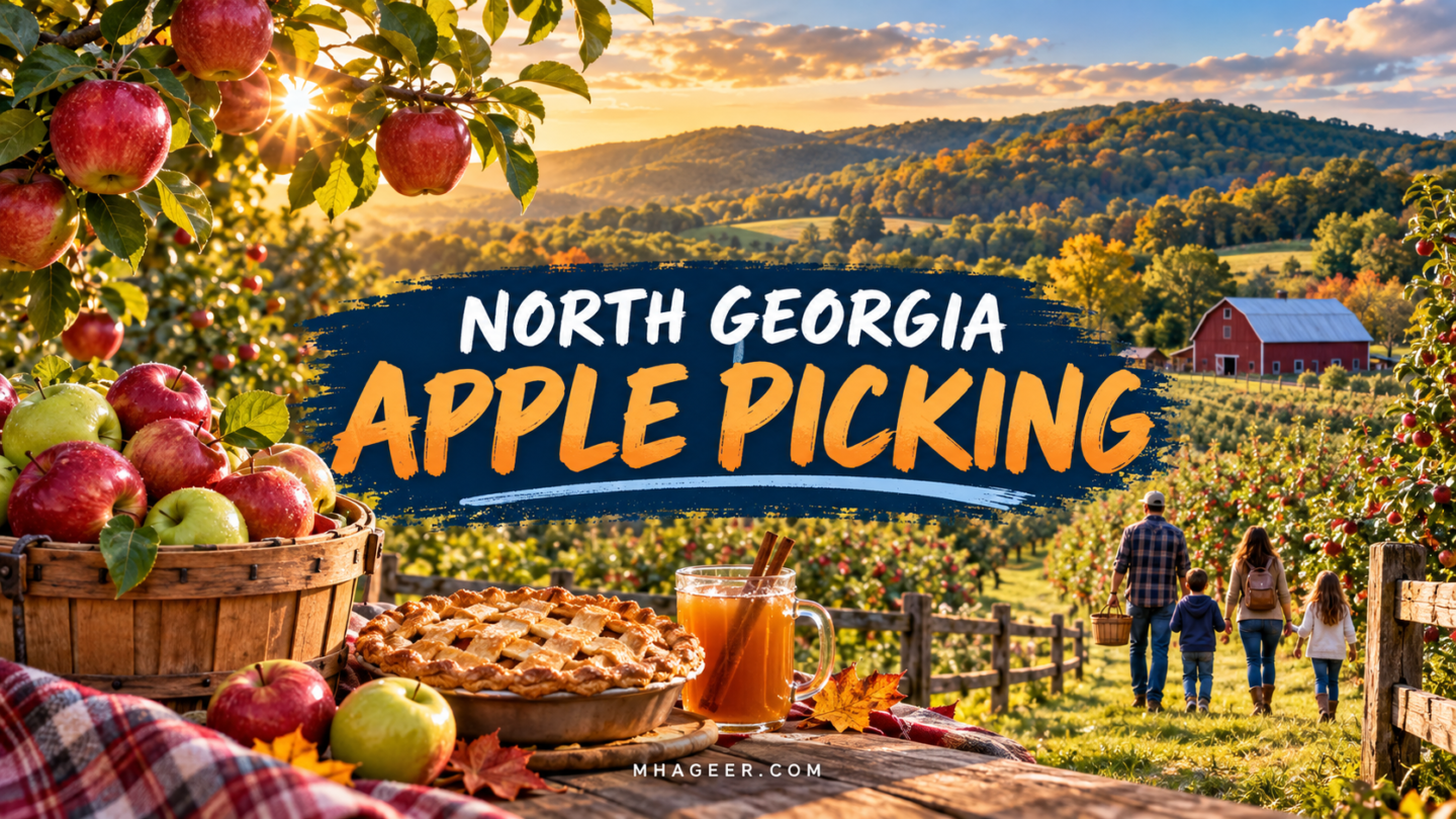 North Georgia Apple Picking illustrated cover with ripe apples, orchard hills, pie, and cider