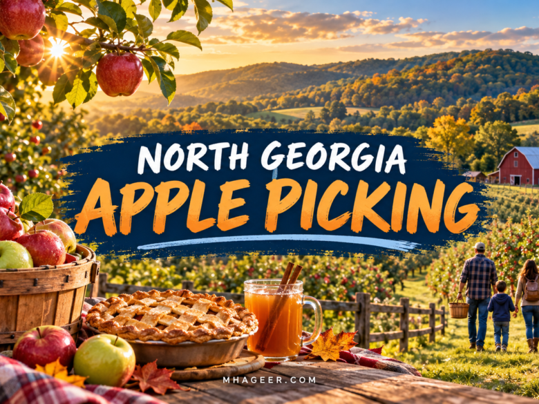 North Georgia Apple Picking illustrated cover with ripe apples, orchard hills, pie, and cider