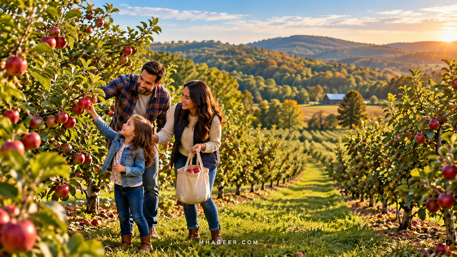 AI-generated illustration of a family picking red apples among rows of orchard trees