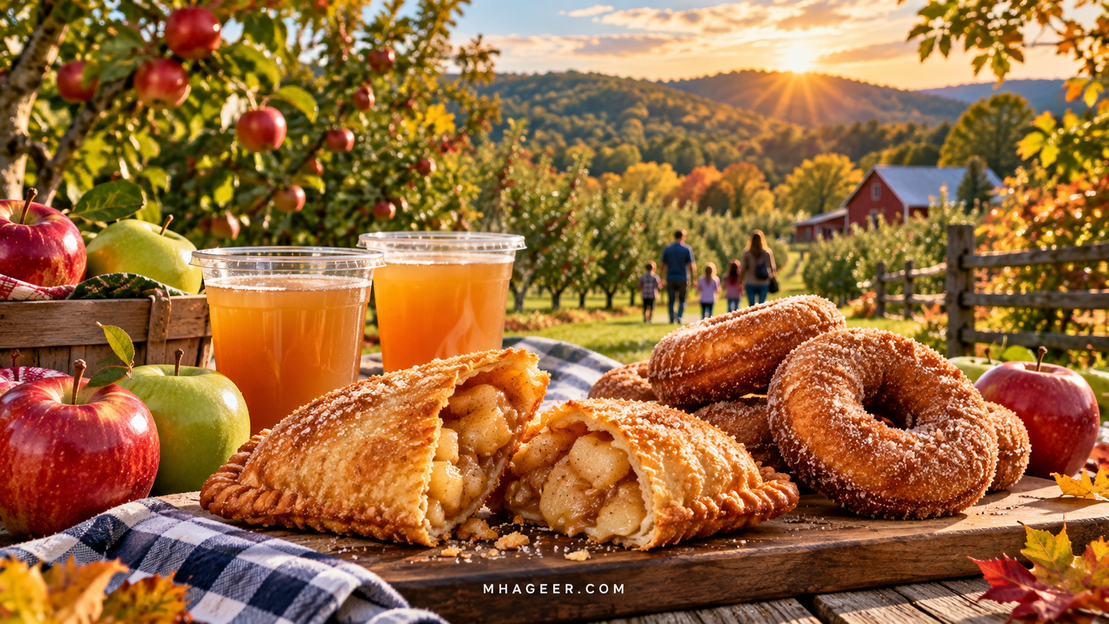 AI-generated illustration of apple hand pies, cinnamon doughnuts, fresh apples, and cups of cider
