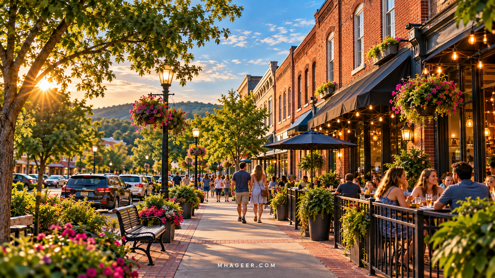 AI-generated illustration of a warm Georgia downtown streetscape with brick storefronts and outdoor dining