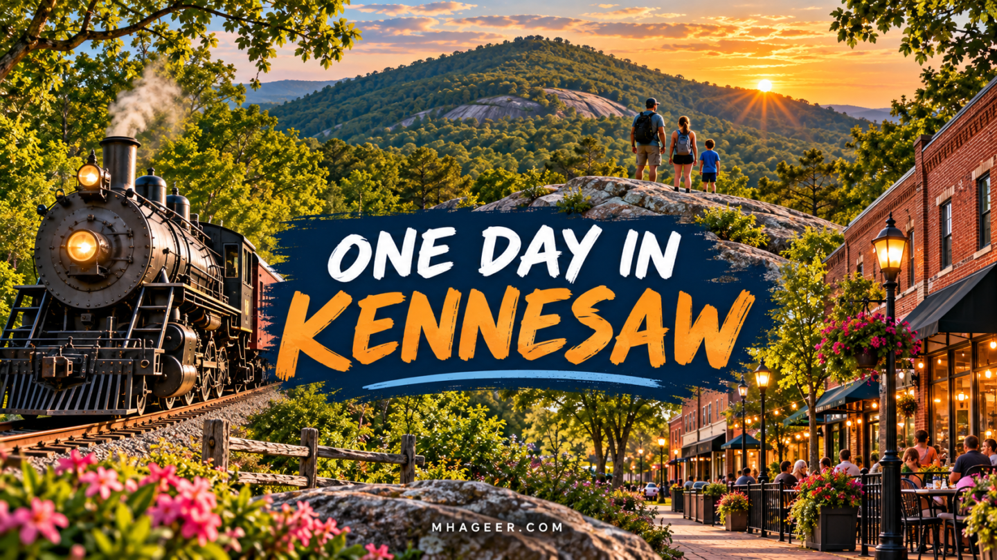 Illustrated One Day in Kennesaw cover combining woodland scenery, a steam locomotive, and downtown dining