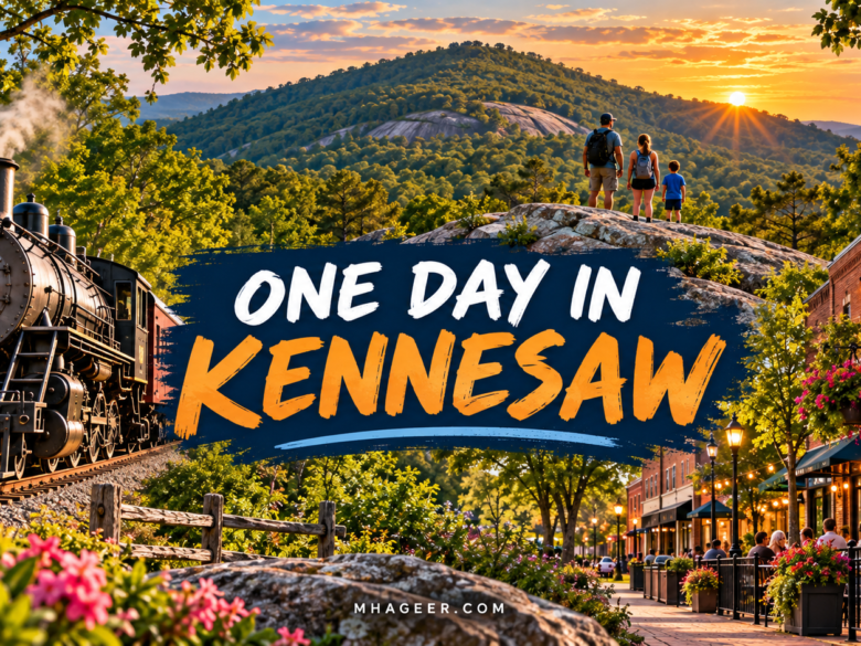 Illustrated One Day in Kennesaw cover combining woodland scenery, a steam locomotive, and downtown dining